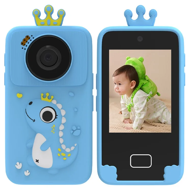 Fotocamera D16 da 2,8 pollici con schermo HD, doppia lente, telefono giocattolo educativo per bambini con schermo touch e custodia in silicone - Blu / Dinosauro