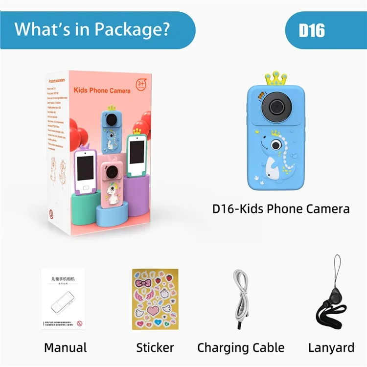 Appareil photo D16 avec écran HD de 2,8 pouces, double objectif, pour enfants, téléphone éducatif avec carte mémoire de 32 Go - Rose / Licorne