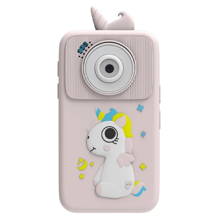 Appareil photo D16 avec écran HD de 2,8 pouces, double objectif, pour enfants, téléphone éducatif avec carte mémoire de 32 Go - Rose / Licorne