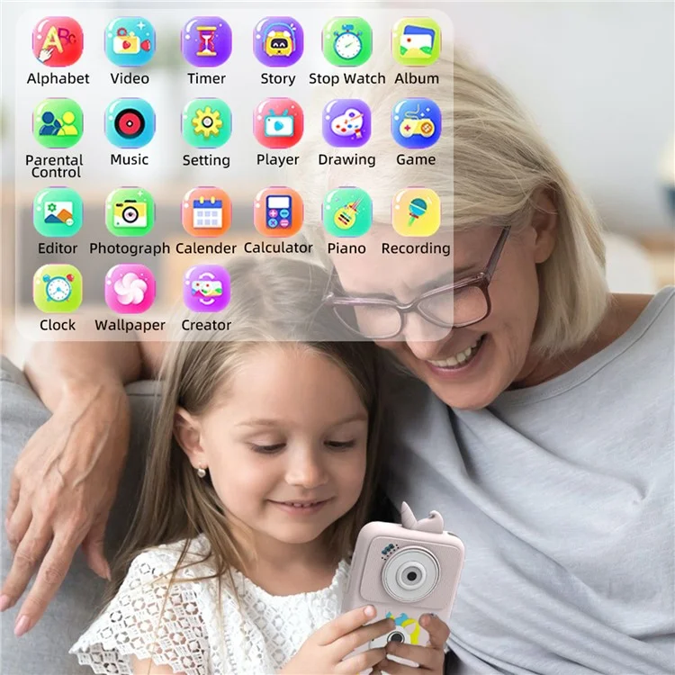 Appareil photo D16 avec écran HD de 2,8 pouces, double objectif, pour enfants, téléphone éducatif avec carte mémoire de 32 Go - Rose / Licorne