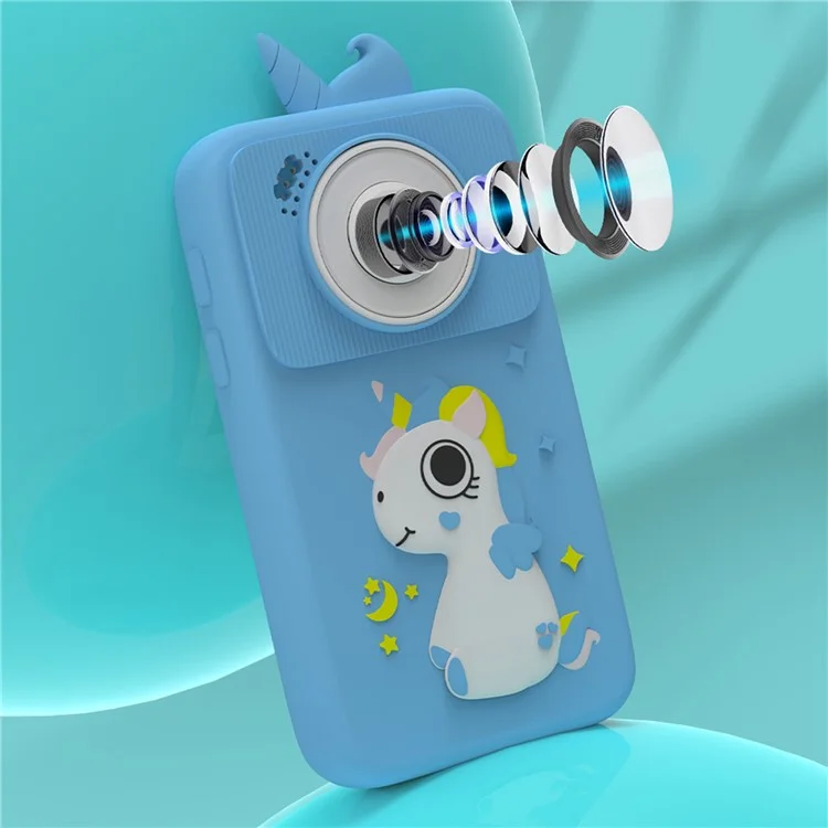 Appareil photo D16 avec écran HD de 2,8 pouces, double objectif, pour enfants, téléphone éducatif avec carte mémoire de 32 Go - Rose / Licorne
