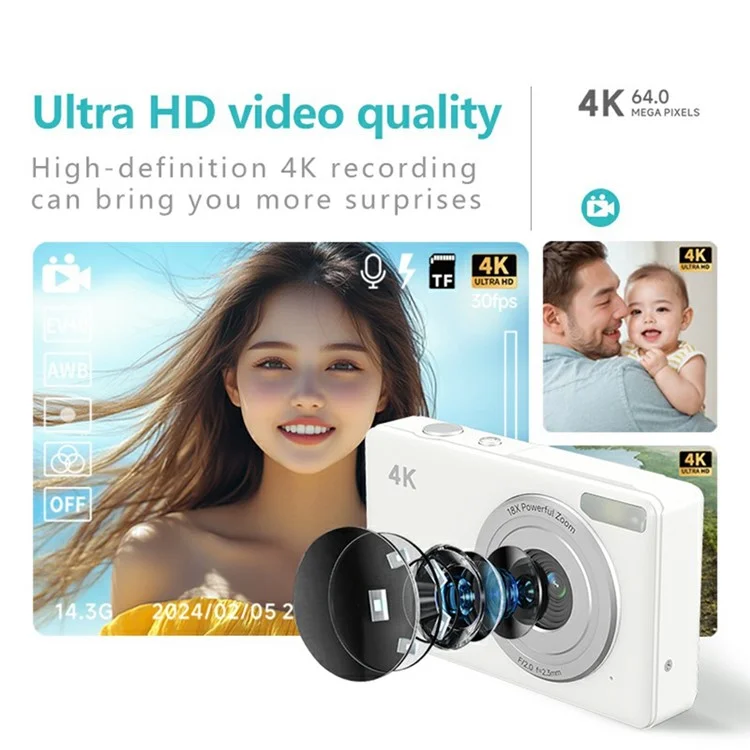 S7 4K Digital Camera 18x Zoom 64MP CMOS Sensor 2.88 Inch HD Screen Travel Selfie Camera - White
