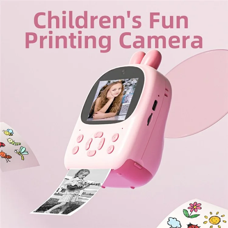 P01 Cartoon Kids Digital Camera Instant Print Dual Lens Mini Camera with 32GB Card - Pink