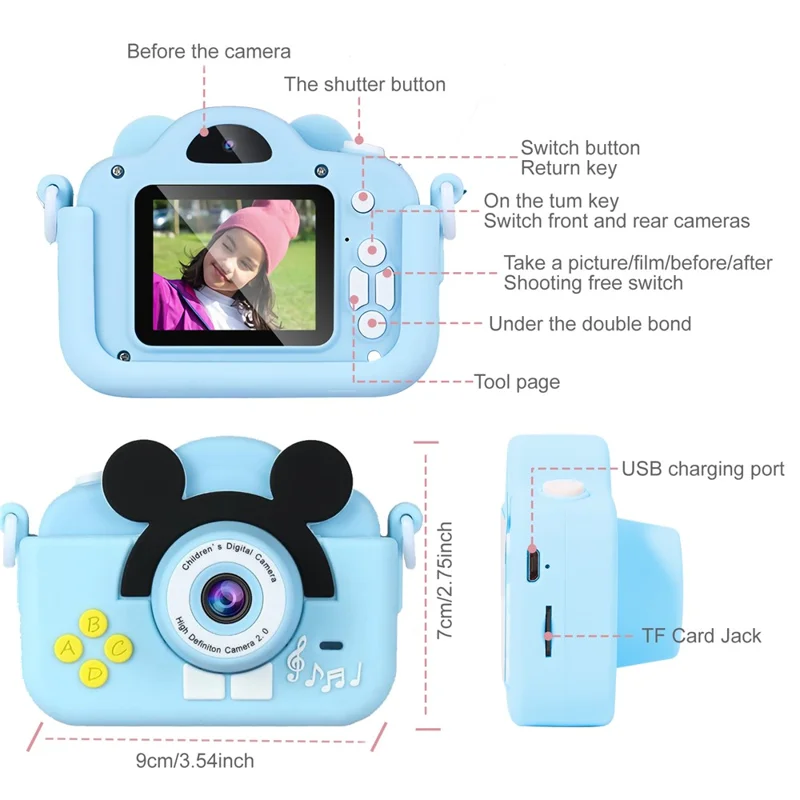 A5 2.0-inch IPS Screen Mouse Shape Kids Camera Cute Cartoon Digital HD Dual Lens Camera - Yellow