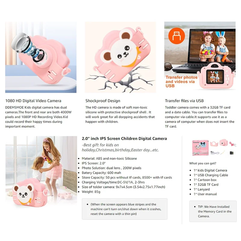 A5 2.0-inch IPS Screen Mouse Shape Kids Camera Cute Cartoon Digital HD Dual Lens Camera - Yellow