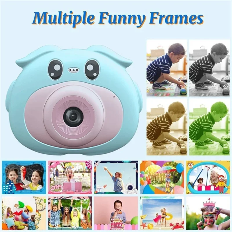 K69 Fotocamera Digitale per Bambini con Design di Animali Cartoon, Schermo HD da 2,0 Pollici, Doppia Lente Registrazione Video con Scheda di Memoria da 32GB + Lettore di Schede - Blu