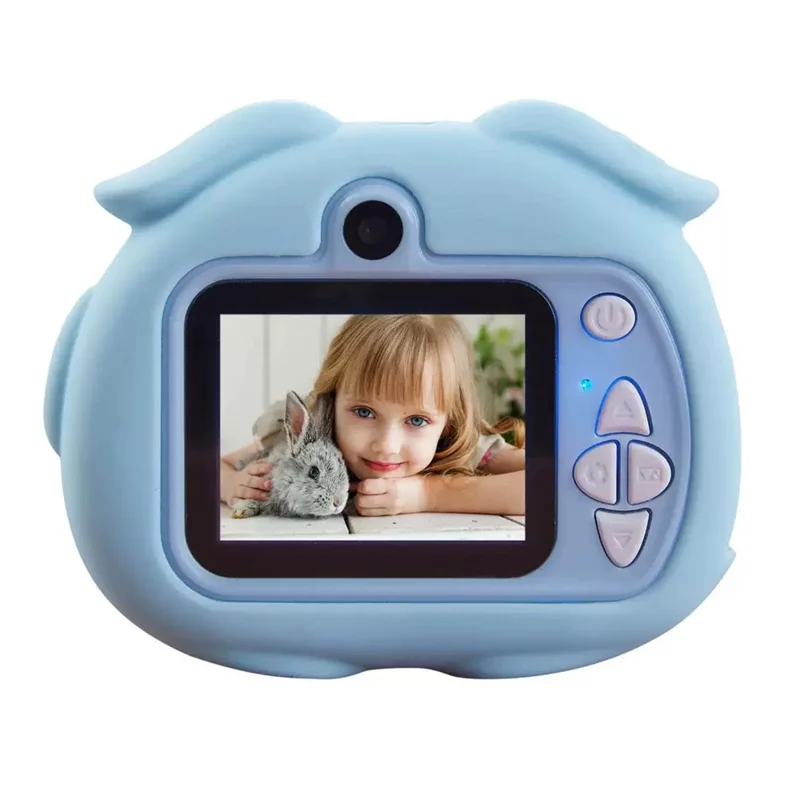 K69 Fotocamera Digitale per Bambini con Design di Animali Cartoon, Schermo HD da 2,0 Pollici, Doppia Lente Registrazione Video con Scheda di Memoria da 32GB + Lettore di Schede - Blu