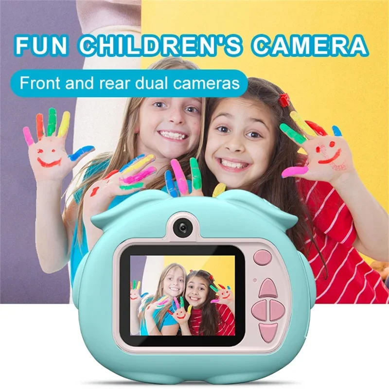 K69 Fotocamera Digitale per Bambini con Design di Animali Cartoon, Schermo HD da 2,0 Pollici, Doppia Lente Registrazione Video con Scheda di Memoria da 32GB + Lettore di Schede - Blu