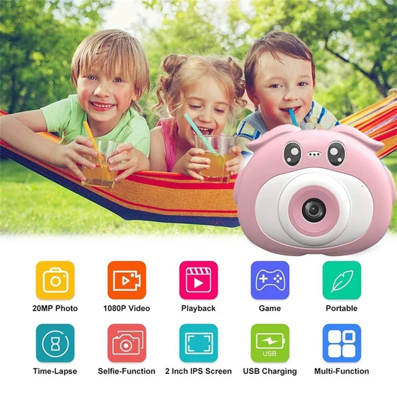 K69 Fotocamera Digitale per Bambini con Design di Animali Cartoon, Schermo HD da 2,0 Pollici, Doppia Lente Registrazione Video con Scheda di Memoria da 32GB + Lettore di Schede - Blu