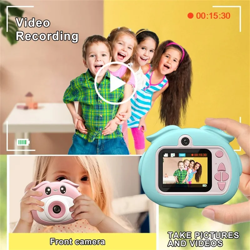 K69 Fotocamera Digitale per Bambini con Design di Animali Cartoon, Schermo HD da 2,0 Pollici, Doppia Lente Registrazione Video con Scheda di Memoria da 32GB + Lettore di Schede - Blu