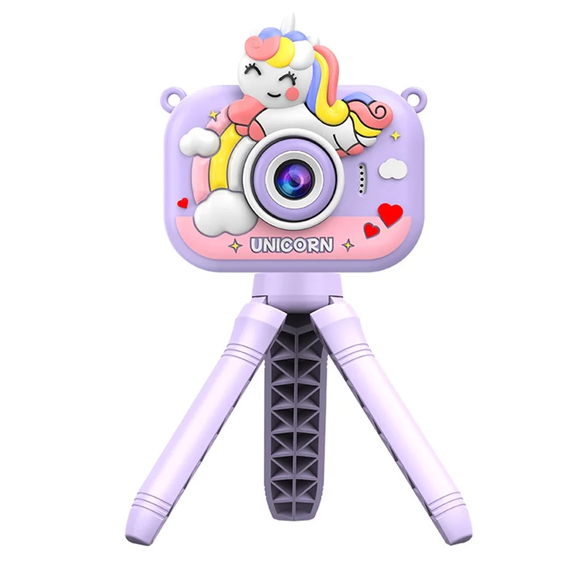 Y6 2.0 Inch IPS Screen Cartoon Design Kids Camera with Handheld Tripod Dual HD Lens Video Recorder - Purple