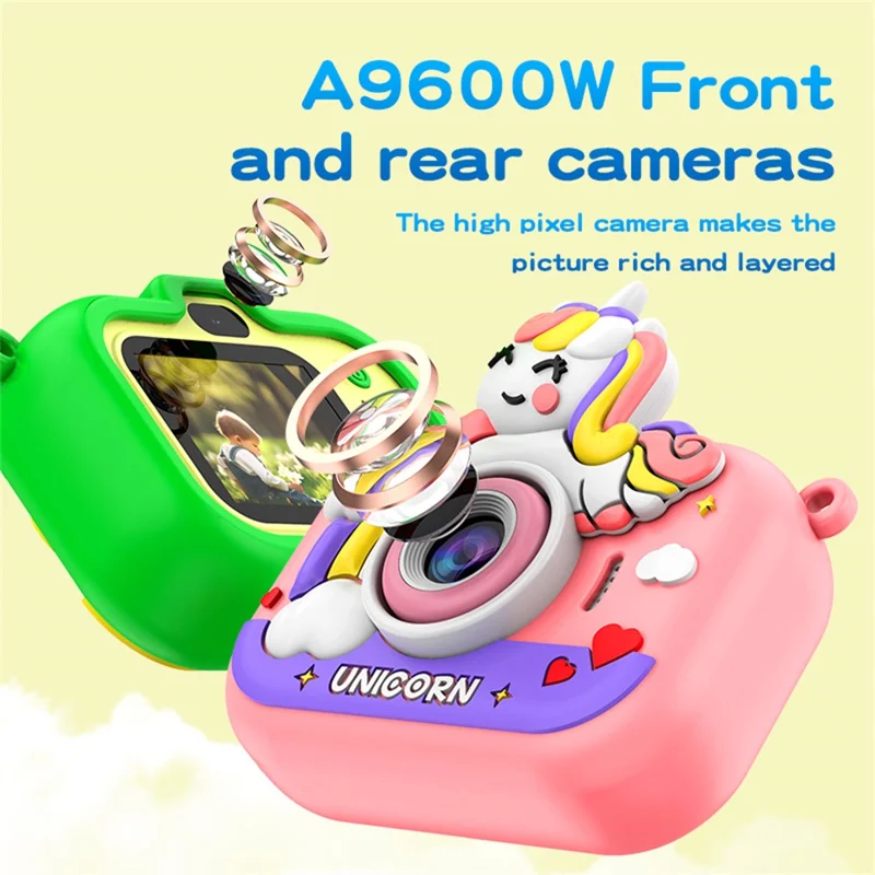 Y6 2.0 Inch IPS Screen Cartoon Design Kids Camera with Handheld Tripod Dual HD Lens Video Recorder - Purple