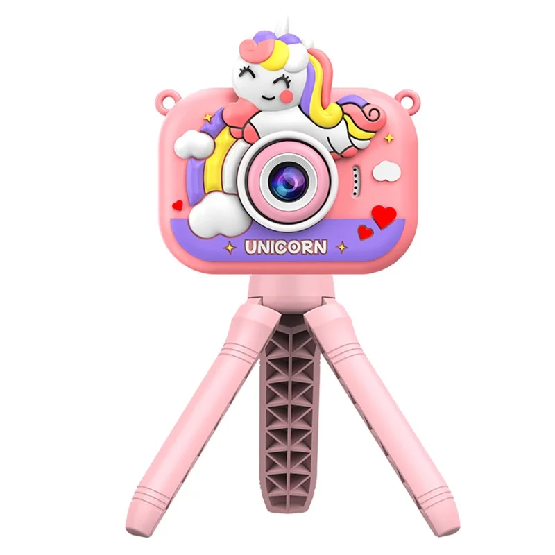 Câmera Infantil Y6 com Design de Desenho Animado, Lente Dupla, Tela IPS de 2,0 Polegadas, Tripé de Mão, Cartão de 32GB + Leitor de Cartão - Rosa