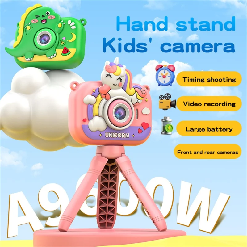 Câmera Infantil Y6 com Design de Desenho Animado, Lente Dupla, Tela IPS de 2,0 Polegadas, Tripé de Mão, Cartão de 32GB + Leitor de Cartão - Rosa