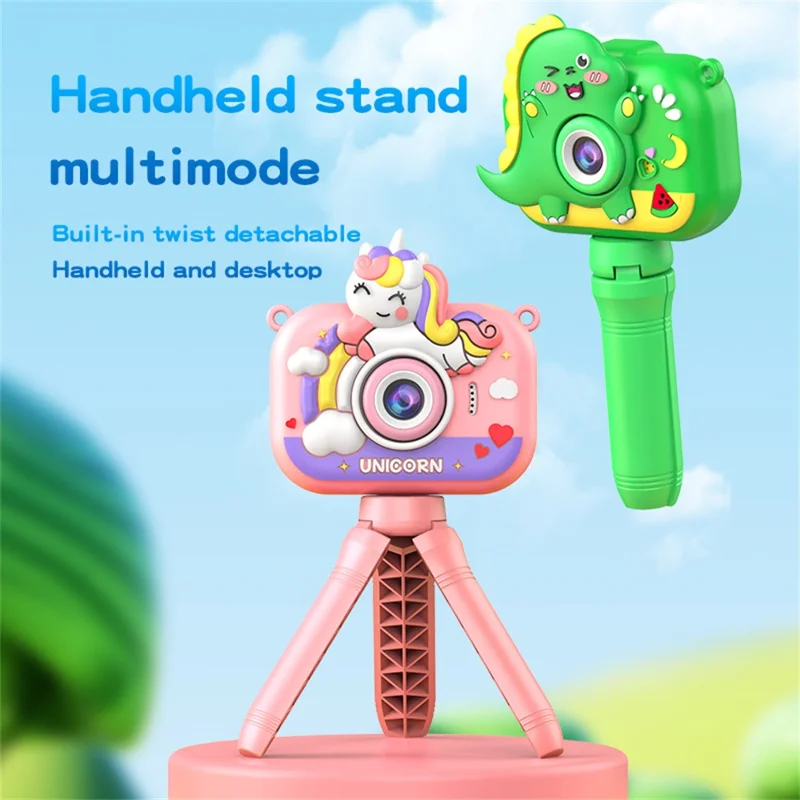 Câmera Infantil Y6 com Design de Desenho Animado, Lente Dupla, Tela IPS de 2,0 Polegadas, Tripé de Mão, Cartão de 32GB + Leitor de Cartão - Rosa