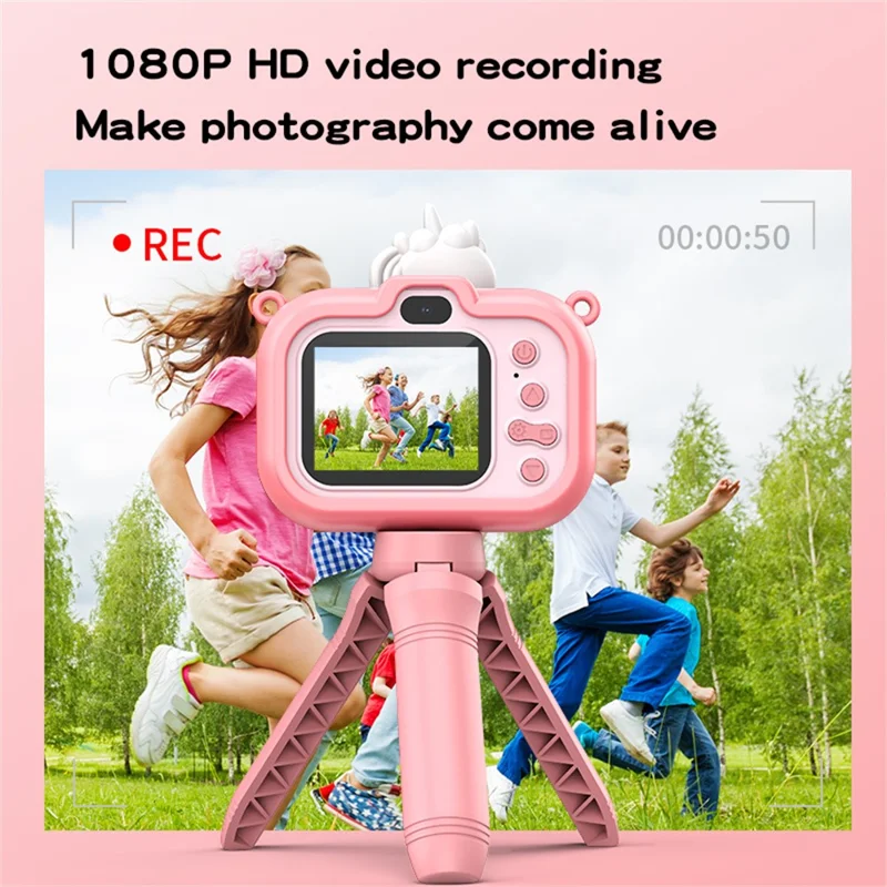 Câmera Infantil Y6 com Design de Desenho Animado, Lente Dupla, Tela IPS de 2,0 Polegadas, Tripé de Mão, Cartão de 32GB + Leitor de Cartão - Rosa