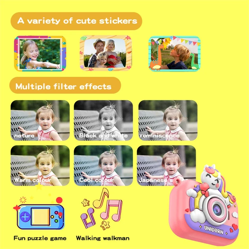 Câmera Infantil Y6 com Design de Desenho Animado, Lente Dupla, Tela IPS de 2,0 Polegadas, Tripé de Mão, Cartão de 32GB + Leitor de Cartão - Rosa