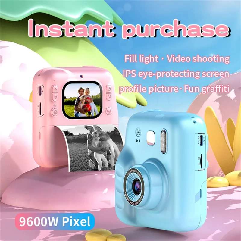 Y300H 2.0 Inch IPS Screen Instant Print Digital Camera HD Video Recorder for Children, with 32GB Card + Card Reader - Pink