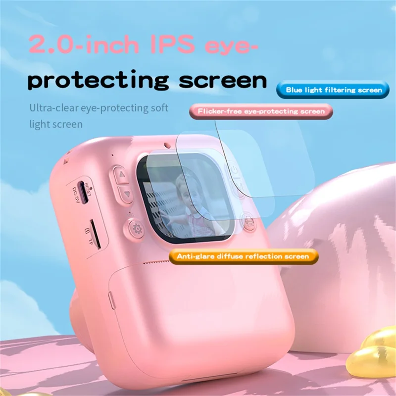 Y300H 2.0 Inch IPS Screen Instant Print Digital Camera HD Video Recorder for Children, with 32GB Card + Card Reader - Pink