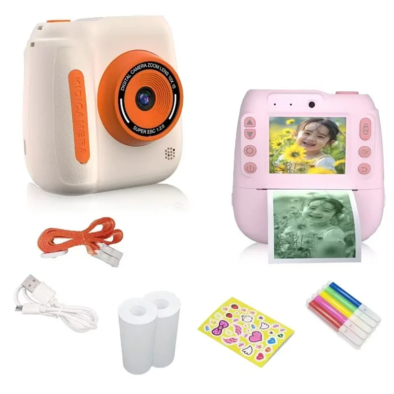 Câmera Digital Instantânea D102 com Tela IPS de 2,4 Polegadas para Crianças, Zoom 10X, Lente HD Dupla, Gravador de Vídeo - Rosa