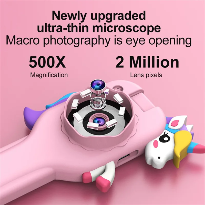 HY-F1 For Kids 500X Magnification 2.0 Inch Screen Handheld Microscope Camera with 32GB Card + Card Reader, Style A - Pink Unicorn