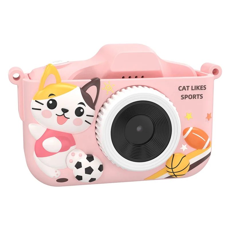 Câmera Digital T5S de Gato Desenhadinho com Tela IPS de 2,0 Polegadas, Gravação em HD com Lente Dupla para Crianças, com Cartão de 32GB + Leitor de Cartão - Rosa