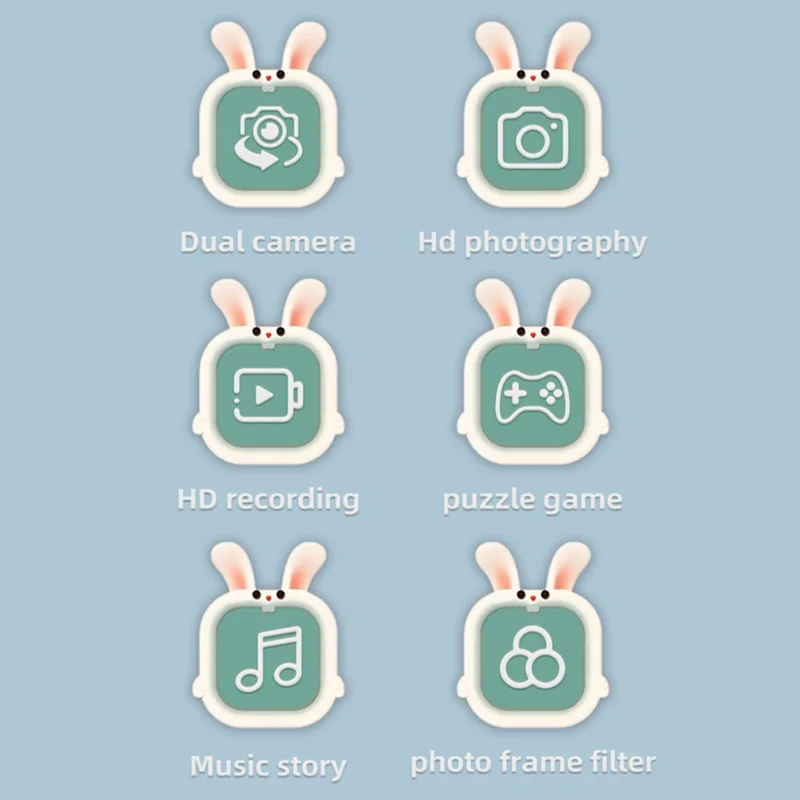 T6S Cartoon Rabbit Digital Camera for Kids 2.0 Inch IPS Screen HD Dual Lens Video Recorder, with 32GB Card + Card Reader - Blue