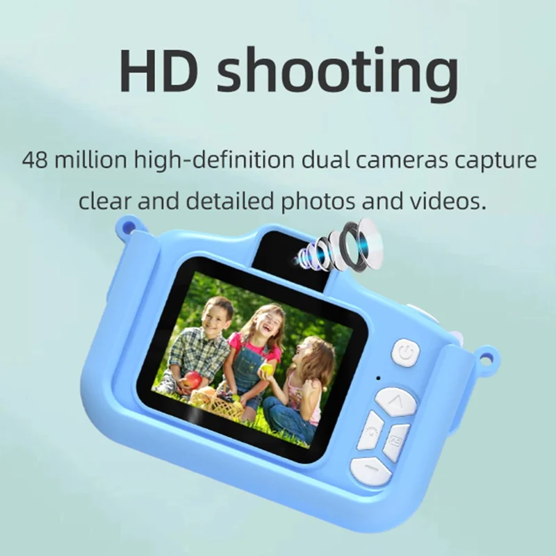 T6S Cartoon Rabbit Digital Camera for Kids 2.0 Inch IPS Screen HD Dual Lens Video Recorder, with 32GB Card + Card Reader - Blue