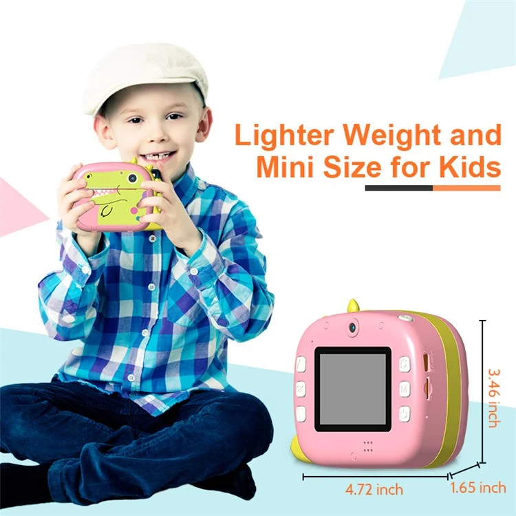 Câmera Digital de Impressão Instantânea para Crianças K07 Dinosaur Shape Front / Rear Dual - 2.4 Polegadas IPS Screen WiFi - Rosa