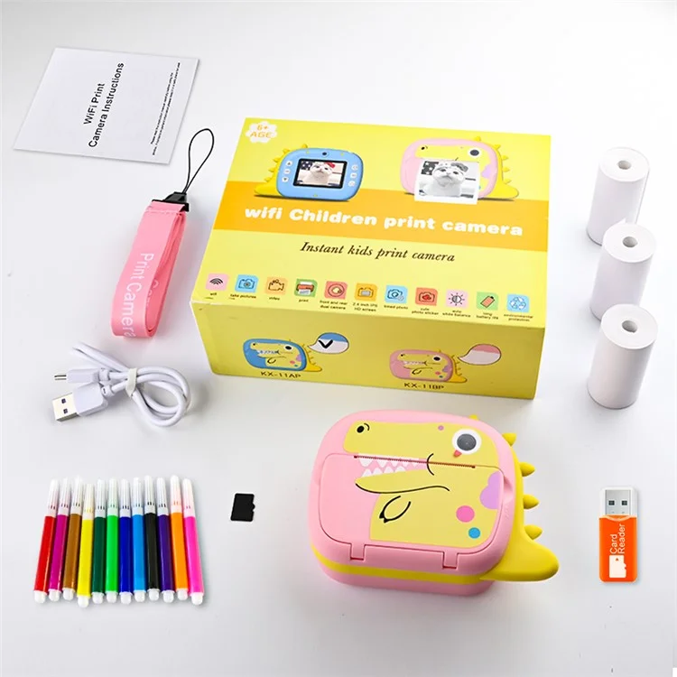 Câmera Digital de Impressão Instantânea para Crianças K07 Dinosaur Shape Front / Rear Dual - 2.4 Polegadas IPS Screen WiFi - Rosa