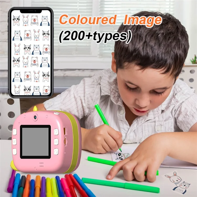 Câmera Digital de Impressão Instantânea para Crianças K07 Dinosaur Shape Front / Rear Dual - 2.4 Polegadas IPS Screen WiFi - Rosa
