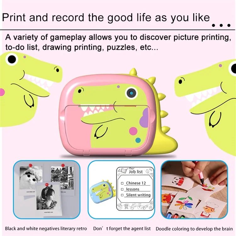 Câmera Digital de Impressão Instantânea para Crianças K07 Dinosaur Shape Front / Rear Dual - 2.4 Polegadas IPS Screen WiFi - Rosa
