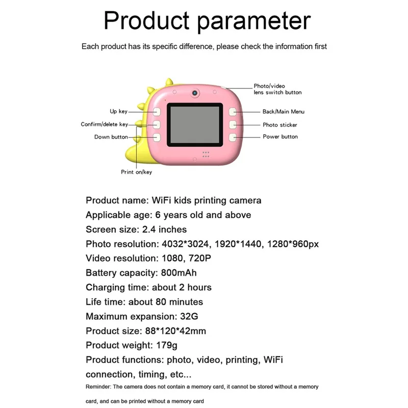K07 Dinosaur Shape Front / Rear Dual Kids Camera 2.4 Inch IPS Screen WiFi Instant Print Digital Camera - Blue