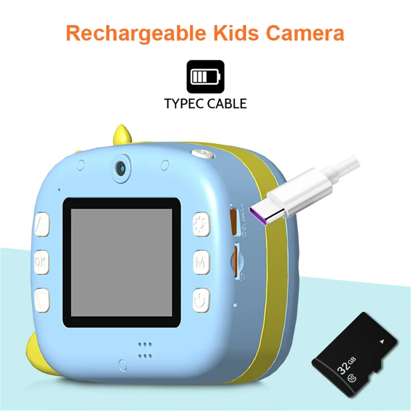 K07 Dinosaur Shape Front / Rear Dual Kids Camera 2.4 Inch IPS Screen WiFi Instant Print Digital Camera - Blue