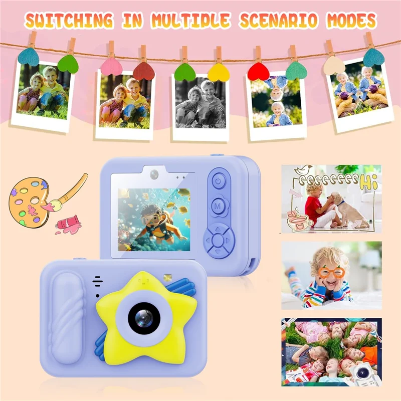 Dual Lens Digital Camera for Kids 2.4 Inch IPS Screen 48MP 8X Zoom Video Recorder with 32GB Card + Card Reader - Blue Star