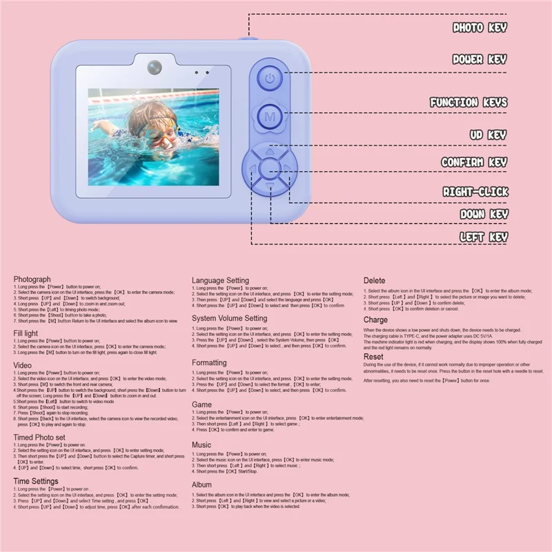 Dual Lens Digital Camera for Kids 2.4 Inch IPS Screen 48MP 8X Zoom Video Recorder with 32GB Card + Card Reader - Blue Star
