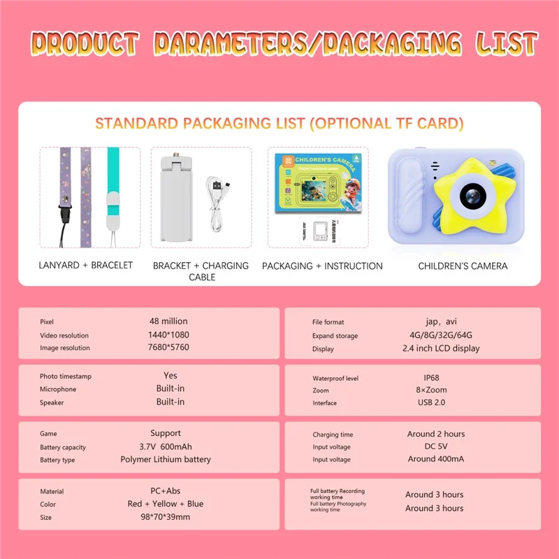 Dual Lens Digital Camera for Kids 2.4 Inch IPS Screen 48MP 8X Zoom Video Recorder with 32GB Card + Card Reader - Blue Star