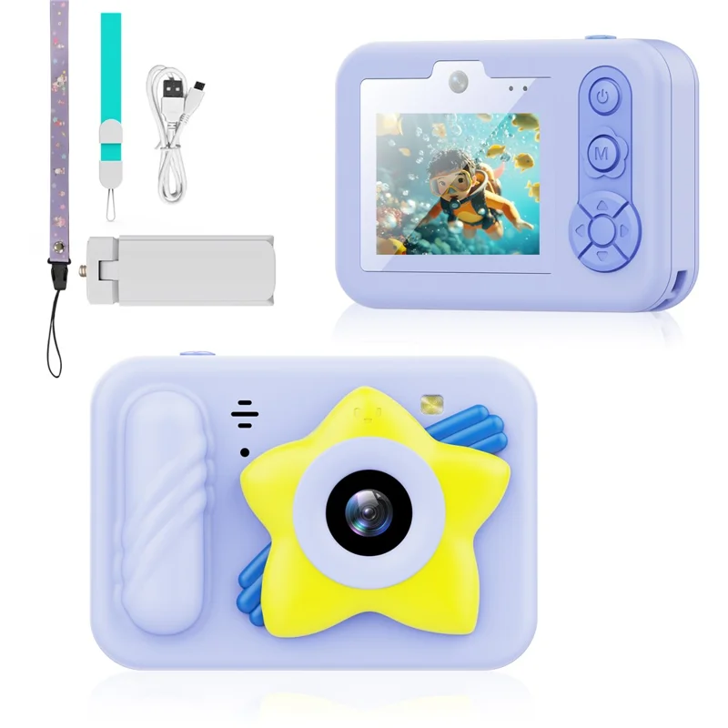 Dual Lens Digital Camera for Kids 2.4 Inch IPS Screen 48MP 8X Zoom Video Recorder with 32GB Card + Card Reader - Blue Star