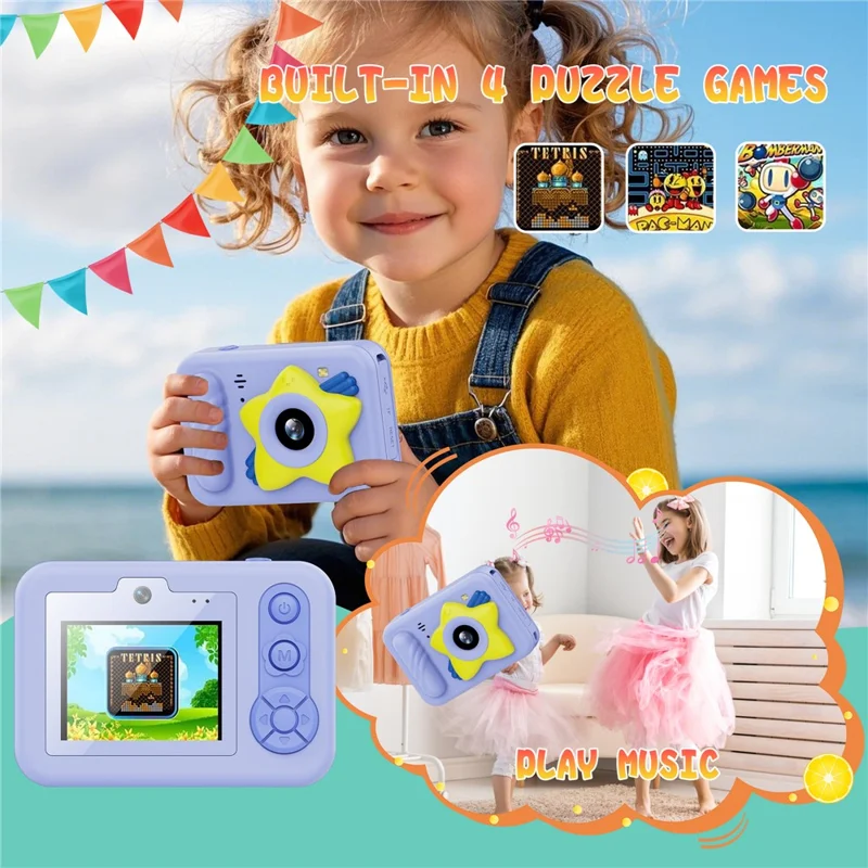 Dual Lens Digital Camera for Kids 2.4 Inch IPS Screen 48MP 8X Zoom Video Recorder with 32GB Card + Card Reader - Blue Star