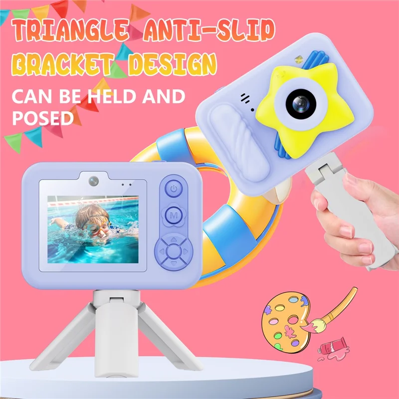 Dual Lens Digital Camera for Kids 2.4 Inch IPS Screen 48MP 8X Zoom Video Recorder with 32GB Card + Card Reader - Blue Star
