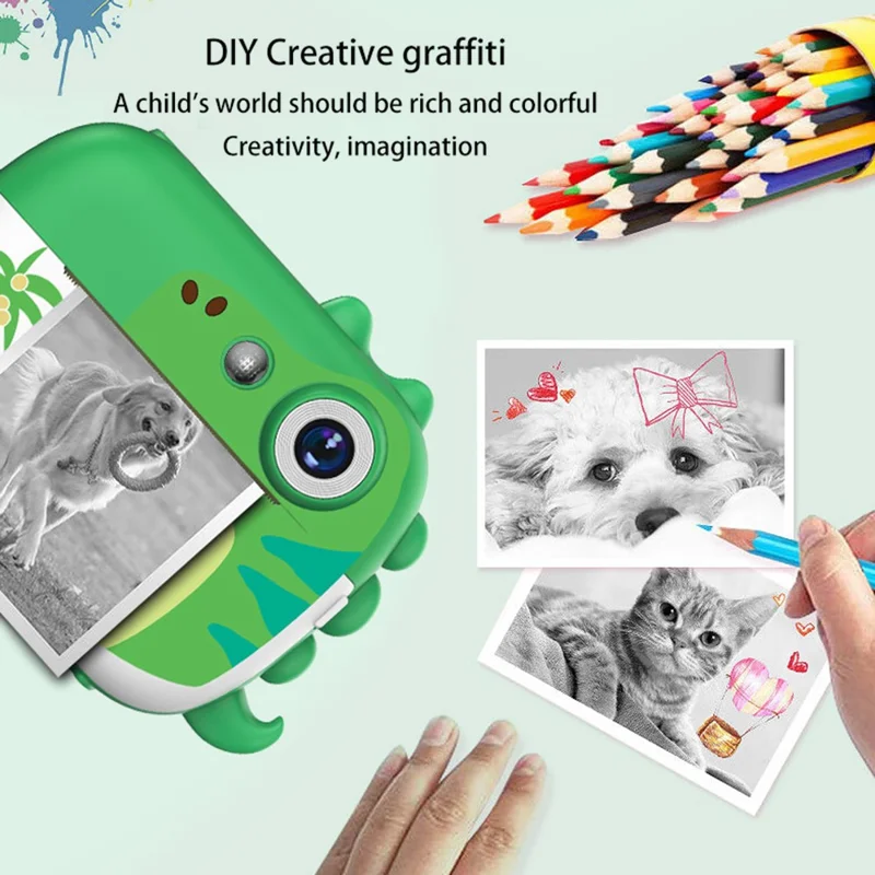 Cámara Digital D1 de Dinosaurios de Dibujos Animados con Doble Objetivo para Niños, Pantalla IPS de 2,4 Pulgadas, Mini Cámara Instantánea con Grabación de Vídeo - Verde
