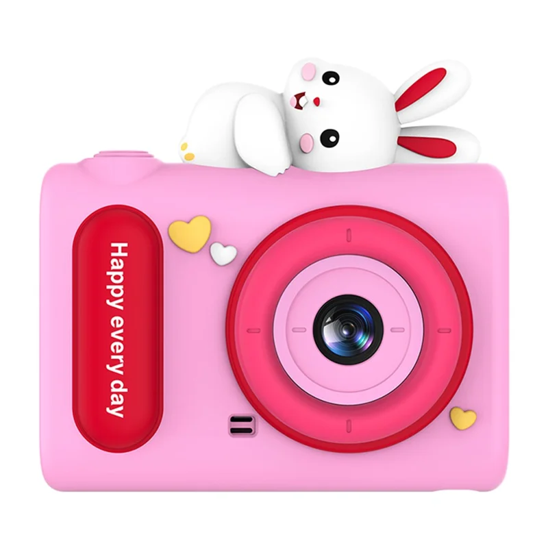 Câmera Digital H05 com Design de Animal de Desenho Animado, Lente Dupla HD de 2,0 Polegadas, Zoom Digital 8x para Crianças, Gravador de Vídeo com Cartão de 32GB + Leitor de Cartão - Coelho Rosa