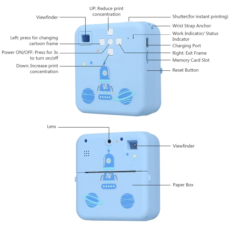 K12 Kids Digital Camera Thermal Printer Lightweight Portable Front / Rear HD Dual Lens Camera - Blue