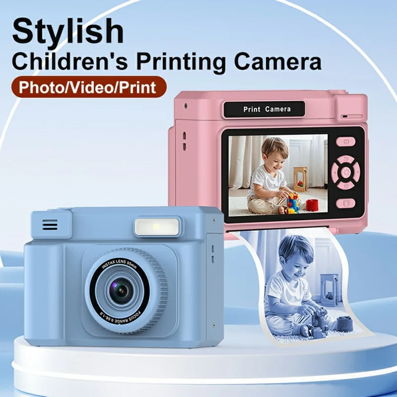 Cámara de vídeo portátil D15 para niños, pantalla IPS de 2,4 pulgadas, cámara de impresión instantánea con tarjeta de 32 GB + lector de tarjetas (compatible con impresión en blanco y negro) - Amarillo