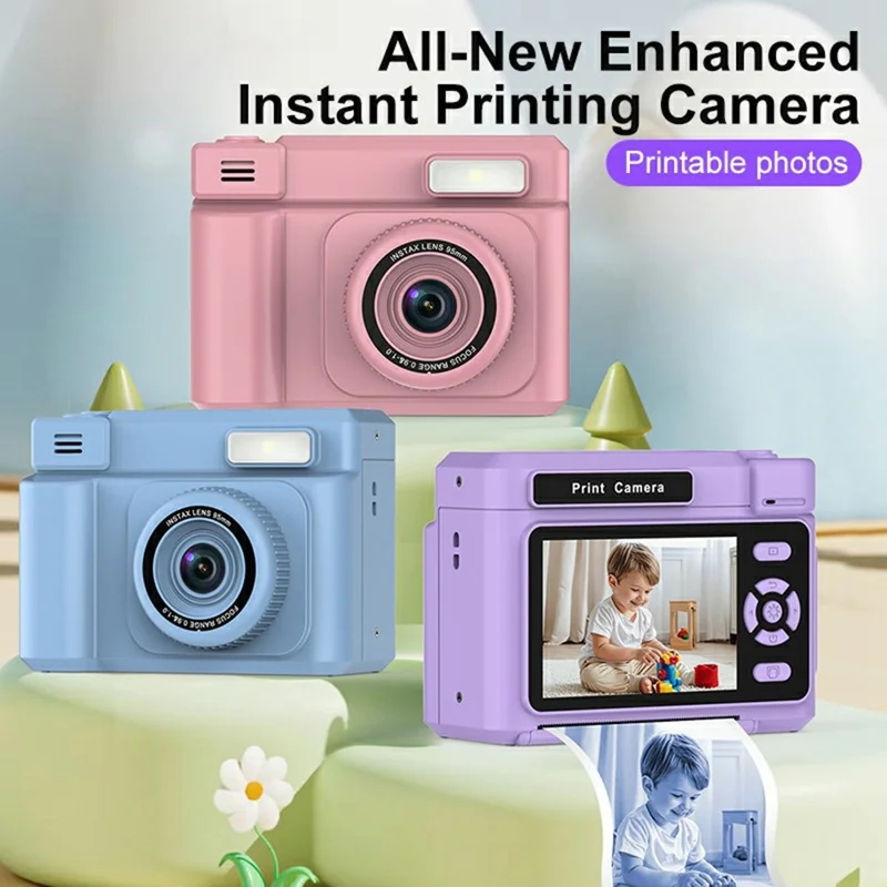 Cámara de vídeo portátil D15 para niños, pantalla IPS de 2,4 pulgadas, cámara de impresión instantánea con tarjeta de 32 GB + lector de tarjetas (compatible con impresión en blanco y negro) - Amarillo