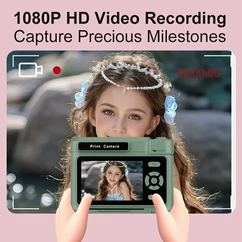Cámara de vídeo portátil D15 para niños, pantalla IPS de 2,4 pulgadas, cámara de impresión instantánea con tarjeta de 32 GB + lector de tarjetas (compatible con impresión en blanco y negro) - Amarillo