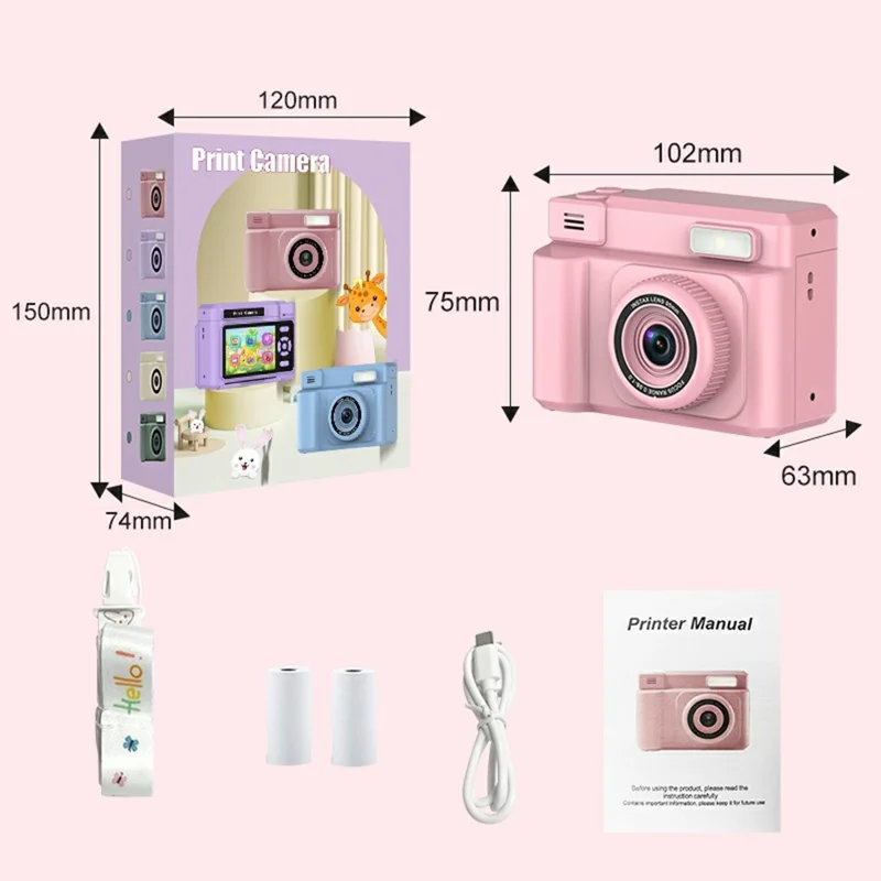 D15 For Kids Portable Video Recorder 2.4 Inch IPS Screen Instant Print Camera with 32GB Card + Card Reader (Support Monochrome Printing) - Pink