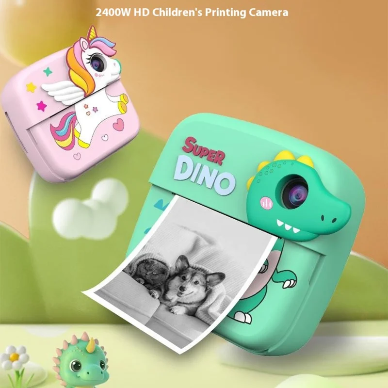 A28 2.4 Inch IPS Screen Instant Print Digital Camera for Kids Cartoon Animal Video Recorder, with 32GB Card + Card Reader - Unicorn