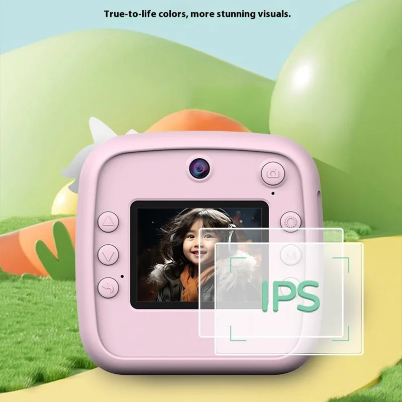 A28 2.4 Inch IPS Screen Instant Print Digital Camera for Kids Cartoon Animal Video Recorder, with 32GB Card + Card Reader - Unicorn