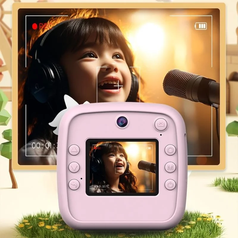 A28 2.4 Inch IPS Screen Instant Print Digital Camera for Kids Cartoon Animal Video Recorder, with 32GB Card + Card Reader - Unicorn